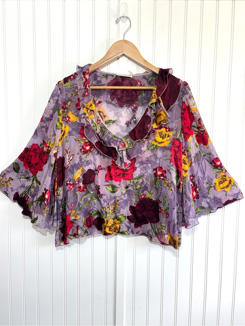 Alice + Olivia Water Lotus Floral Silk Blend Burnout Blouse Top Bell Sleeve L